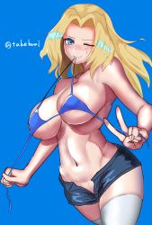 Rule 34 | 1girl, absurdres, bad id, bad pixiv id, bikini, bikini top only, blonde hair, blue background, blue bikini, blue eyes, blue shorts, blush, breasts, commentary, curvy, denim, denim shorts, girls und panzer, grin, groin, hair intakes, head tilt, highres, kay (girls und panzer), large breasts, long hair, looking at viewer, navel, one-hour drawing challenge, one eye closed, open fly, shorts, simple background, skindentation, smile, solo, standing, sweat, swimsuit, takefu jiin, thighhighs, twitter username, untied bikini, untying, white thighhighs