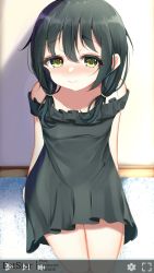 Rule 34 | 1girl, aties20, bare shoulders, black dress, black hair, blush, brown eyes, closed mouth, collarbone, commentary request, dress, fake video, frilled dress, frills, hair between eyes, hair over shoulder, highres, indoors, long hair, looking at viewer, low twintails, nose blush, off-shoulder dress, off shoulder, original, seiza, sitting, smile, solo, twintails