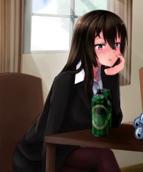 Rule 34 | 1girl, bad id, bad pixiv id, beer can, beifeng han, black hair, can, chair, curtains, drink can, drunk, hair between eyes, head rest, jewelry, long hair, miyaura sanshio, necklace, office lady, original, pantyhose, parted lips, pencil skirt, purple eyes, sitting, skirt, solo, table, window