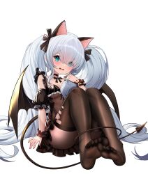 Rule 34 | 1girl, absurdres, animal ears, ass, asymmetrical bangs, azur lane, black bow, black choker, black skirt, black thighhighs, black wrist cuffs, blue eyes, blunt bangs, bow, breasts, cat ears, choker, cleavage, commentary request, demon tail, demon wings, detached sleeves, eyes visible through hair, fake animal ears, fake tail, fake wings, feet, full body, grey hair, hair bow, hair over one eye, highres, janus (azur lane), janus (fright-night scaredy-cat) (azur lane), knees up, long hair, niballl, no shoes, official alternate costume, puffy short sleeves, puffy sleeves, see-through, short sleeves, sitting, skirt, small breasts, soles, solo, swept bangs, tail, tearing up, thighhighs, thighs, toes, torn clothes, torn thighhighs, twintails, very long hair, wings, wrist cuffs