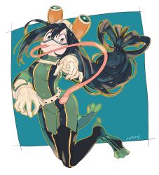 Rule 34 | 1girl, asui tsuyu, bodysuit, boku no hero academia, boots, frog girl, goggles, goggles on head, green bodysuit, highres, long hair, long tongue, looking at viewer, low-tied long hair, solo, thigh boots, thighhighs, tongue, tongue out
