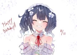 Rule 34 | 1girl, ^ ^, absurdres, bare shoulders, black hair, closed eyes, collarbone, commentary request, dated, detached sleeves, dress, facing viewer, flower, grin, hair flower, hair ornament, happy birthday, highres, holding, holding flower, long hair, neck ribbon, nijisanji, puffy sleeves, red ribbon, ribbon, smile, solo, strapless, strapless dress, twintails, upper body, virtual youtuber, white background, white dress, white flower, white sleeves, yamagami karuta, yayoi asuka