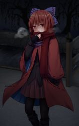 Rule 34 | 1girl, blouse, blue bow, blush, bow, breath, bridge, cape, commentary request, feet out of frame, hair bow, hand up, long sleeves, looking at viewer, miniskirt, night, nnyara, outdoors, pantyhose, parted lips, red eyes, red hair, red scarf, red skirt, scarf, sekibanki, shirt, short hair, skirt, smile, solo, standing, touhou, twitter username