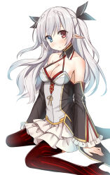Rule 34 | 1girl, bare shoulders, blue eyes, boots, breasts, cleavage, closed mouth, collarbone, cross-laced clothes, detached sleeves, dot nose, elf, frilled skirt, frilled sleeves, frills, frown, full body, grey hair, hair ornament, heterochromia, high heel boots, high heels, highres, long hair, long pointy ears, long sleeves, looking at viewer, medium breasts, multicolored hair, original, pointy ears, red eyes, red footwear, shenyuekong, simple background, sitting, skirt, solo, thigh boots, two-tone hair, wariza, white background, white hair, white skirt