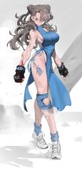 Rule 34 | 1girl, bandaged leg, bandages, blood, blood on hands, blue dress, breasts, brown eyes, brown hair, double bun, dress, fingerless gloves, gloves, hair bun, highres, large breasts, long hair, long legs, looking to the side, original, shoes, sneakers, socks, solo, toned, wan young yun