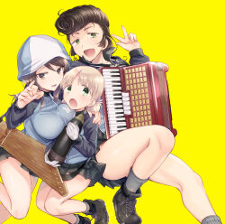 Rule 34 | 3girls, absurdres, accordion, aki (girls und panzer), ankle boots, arm around shoulder, black footwear, black skirt, blue headwear, blue jacket, boots, brown eyes, brown hair, commentary, floating, frown, girls und panzer, gloves, green eyes, grey socks, hair tie, hat, highres, holding, holding instrument, instrument, jacket, kantele, keizoku military uniform, knee up, koyama harutarou, legs up, light brown hair, long hair, long sleeves, looking at viewer, low twintails, mika (girls und panzer), military uniform, miniskirt, multiple girls, open mouth, pleated skirt, pompadour, raglan sleeves, short hair, short twintails, skirt, smile, socks, tank shell, textless version, track jacket, tulip hat, twintails, uniform, white gloves, yellow background, yuri (girls und panzer)