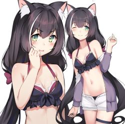 Rule 34 | 1girl, ;), animal ear fluff, animal ears, bare shoulders, bikini, bikini top only, bikini under clothes, black bikini, black hair, blush, bow, breasts, cat ears, cat tail, cleavage, closed mouth, gin00, green eyes, hair between eyes, hair bow, halterneck, hand up, jacket, karyl (princess connect!), karyl (summer) (princess connect!), long hair, looking at viewer, low twintails, medium breasts, midriff, multicolored hair, navel, off shoulder, one eye closed, open clothes, open fly, open jacket, open mouth, open shorts, princess connect!, purple jacket, short shorts, shorts, simple background, sketch, smile, streaked hair, swimsuit, tail, thigh strap, twintails, very long hair, white background, white hair, white shorts