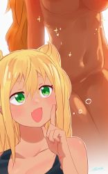 Rule 34 | 1girl, :d, absurdres, ahoge, black shirt, blonde hair, blush, breasts, completely nude, dumbbell nan kilo moteru?, fang, green eyes, hand up, highres, index finger raised, large breasts, long hair, navel, nude, open mouth, out-of-frame censoring, ryusei hashida, sakura hibiki, shirt, skin fang, smile, solo focus, sparkle, thinking, twintails