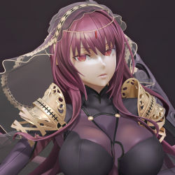 Rule 34 | 1girl, 3d, armor, bodysuit, boots, breasts, covered erect nipples, fate/grand order, fate (series), high heel boots, high heels, large breasts, leslyzerosix, long hair, looking at viewer, parted lips, pauldrons, purple hair, red eyes, scathach (fate), shoulder armor, solo, veil