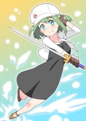 Rule 34 | 1girl, black dress, blue eyes, blush, borrowed character, breasts, brown footwear, brown hair, cabbie hat, closed mouth, commentary request, cropped jacket, dress, fujishiro nekomata, full body, green eyes, hand up, hat, highres, holding, holding sword, holding weapon, jacket, katana, long sleeves, medium breasts, open clothes, open jacket, original, shirt, shoes, smile, solo, sword, weapon, white hat, white shirt, yunomiya agari