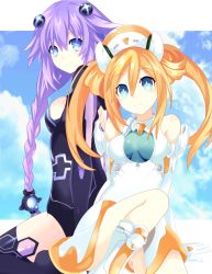 Rule 34 | 2girls, absurdres, blue eyes, blush, boots, braid, breasts, cleavage, elbow gloves, gloves, hair between eyes, hair ornament, highres, leotard, long hair, looking at viewer, medium breasts, multiple girls, neptune (series), orange hair, orange heart (neptunia), outstretched arms, page number, power symbol, power symbol-shaped pupils, purple hair, purple heart (neptunia), ramu-on@ shinon, shin jigen game neptune vii, sitting, smile, symbol-shaped pupils, twin braids, twintails, very long hair, white gloves