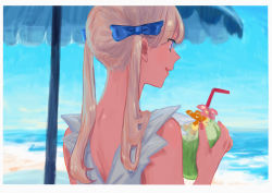 Rule 34 | 1girl, beach umbrella, blonde hair, blue bow, blue eyes, bow, cup, day, drink, drinking straw, dyuba000, facing away, hair bow, highres, nail polish, nape, ocean, original, outdoors, pink nails, smile, twintails, umbrella, upper body