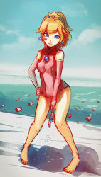 Rule 34 | 1girl, adapted costume, barefoot, blue eyes, crown, earrings, elbow gloves, gem, gloves, highres, jewelry, long hair, mario &amp; sonic at the olympic games, mario (series), nintendo, one-piece swimsuit, ponytail, princess peach, puddle, softmode, solo, swimsuit, wet, wet clothes