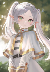 Rule 34 | 1girl, absurdres, belt, belt buckle, black belt, black shirt, blurry, blurry background, buckle, capelet, dangle earrings, earrings, elf, frieren, gem, gold trim, green eyes, grey hair, highres, jacket, jewelry, kouq98, long hair, long sleeves, looking at viewer, open mouth, outdoors, parted bangs, pointy ears, red gemstone, shirt, short eyebrows, skirt, skirt set, solo, sousou no frieren, striped clothes, striped shirt, twintails, white capelet, white jacket, white shirt, white skirt