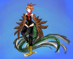 Rule 34 | 1girl, claws, cockatrice (monster girl encyclopedia), commentary request, feathers, full body, grin, highres, looking at viewer, monster girl, monster girl encyclopedia, multiple tails, orange eyes, orange hair, scarf, smile, solo, tail, thighs, udetamago, wings