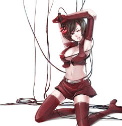 Rule 34 | 1girl, armpits, arms up, bad id, bad pixiv id, belt, boots, breasts, brown eyes, brown hair, cleavage, crop top, elbow gloves, gloves, grin, kaida michi, kneeling, meiko (vocaloid), microphone, midriff, miniskirt, navel, one eye closed, prezzo, short hair, simple background, single glove, skirt, smile, solo, thigh boots, thighhighs, vocaloid, wink, zettai ryouiki