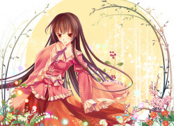 Rule 34 | 1girl, bamboo, bow, brown hair, female focus, flower, houraisan kaguya, japanese clothes, light particles, light smile, lily of the valley, long hair, long sleeves, orange eyes, red eyes, shirt, shirt bow, skirt, sleeves past wrists, solo, touhou, tsukimiya kamiko, wide sleeves