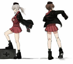 Rule 34 | 10s, 2girls, alternate hairstyle, ankle boots, black footwear, black hat, black jacket, black legwear, blue eyes, boots, brown eyes, brown hair, cross, crossed arms, dress shirt, dressing, emblem, from behind, from side, full body, garrison cap, girls und panzer, hat, highres, iron cross, itsumi erika, jacket, jacket on shoulders, long hair, long sleeves, looking at viewer, looking back, military, military hat, military uniform, miniskirt, multiple girls, nishizumi maho, pleated skirt, ponytail, red shirt, red skirt, shirt, short hair, silver hair, simple background, sketch, skirt, socks, standing, thorn (ashthorn), uniform, white background