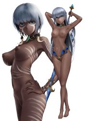 Rule 34 | 2girls, armpits, blush, breasts, character request, claws earrings, commission, dark-skinned female, dark skin, earrings, full body, hand on own hip, highres, holding, holding weapon, jewelry, large breasts, long hair, looking at viewer, multiple girls, navel, nipples, nude, original, polearm, short hair, silver hair, simple background, skeb commission, small breasts, spear, tattoo, tribal tattoo, wa (genryusui), weapon, white background
