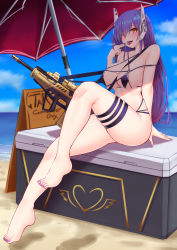Rule 34 | 1girl, barefoot, bikini, blue hair, blush, breasts, girls&#039; frontline, gun, headset, highres, large breasts, looking at viewer, nail polish, ocean, one eye closed, open mouth, orange eyes, outdoors, parasol, popoman, sideboob, sitting, solo, swimsuit, tar-21 (girls&#039; frontline), thigh strap, thighs, tongue, umbrella, underboob, water, weapon