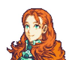 Rule 34 | 1girl, annette fantine dominic, close-up, commentary, english commentary, fire emblem, fire emblem: three houses, glaceo, green eyes, long hair, looking up, lowres, nintendo, orange hair, parody, pixel art, portrait, smile, solo, style parody, transparent background, upper body, wavy hair