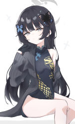 Rule 34 | 1girl, absurdres, alternate hairstyle, black dress, black gloves, black hair, blue archive, breasts, china dress, chinese clothes, closed mouth, coat, dragon print, dress, feet out of frame, gloves, grey coat, grey eyes, grey halo, halo, highres, kisaki (blue archive), long hair, long sleeves, looking at viewer, noko (nco029685627), open clothes, open coat, simple background, small breasts, solo, striped clothes, striped coat, vertical-striped clothes, vertical-striped coat, white background