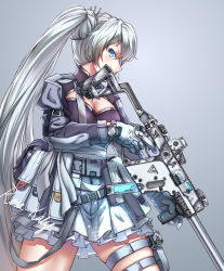 Rule 34 | 1girl, angry, blue eyes, cleavage cutout, clothing cutout, finger on trigger, gloves, gun, highres, kriss vector, long hair, long sleeves, looking at viewer, ponytail, pouch, rosakatze, rwby, skindentation, skirt, submachine gun, thick thighs, thighs, weapon, weiss schnee, white hair