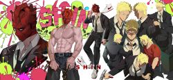 Rule 34 | 1boy, abs, absurdres, aged down, belt, bijian de linghun, black jacket, black necktie, black pants, blonde hair, character name, collared shirt, dorohedoro, formal, glasses, hammer, hand in pocket, hand up, highres, holding, holding hammer, holding weapon, jacket, long sleeves, looking at viewer, male focus, mask lift, multiple views, muscular, muscular male, necktie, nike (company), outstretched arm, pants, profile, red shirt, shaded face, shin (dorohedoro), shirt, shoes, short hair, short sleeves, sitting, skull print, sneakers, splatter, standing, stitched arm, stitched fingers, stitches, suit, t-shirt, topless male, trash bag, trash can, weapon, white background, white footwear, white shirt