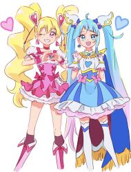 Rule 34 | 2girls, :d, ;d, ahoge, asymmetrical clothes, blonde hair, blue cape, blue dress, blue eyes, blue hair, blush, boots, cape, choker, commentary, cure peach, cure sky, detached sleeves, dress, earrings, eyelashes, fpminnie1, fresh precure!, gloves, gradient background, hair ornament, happy, heart, heart earrings, heart hair ornament, highres, hirogaru sky! precure, jewelry, knee boots, kneehighs, long hair, looking at viewer, low twintails, magical girl, momozono love, multicolored hair, multiple girls, one eye closed, open mouth, pink choker, pink dress, pink eyes, pink footwear, pink hair, precure, puffy short sleeves, puffy sleeves, short sleeves, simple background, sketch, smile, socks, sora harewataru, standing, streaked hair, symbol-only commentary, thighhighs, thighs, twintails, very long hair, white background, white gloves, white thighhighs, wing hair ornament, wrist cuffs