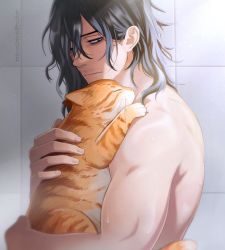 Rule 34 | 1boy, animal, artist name, black hair, blue eyes, boku no hero academia, cat, closed mouth, commentary, english commentary, eraser head (boku no hero academia), facial hair, from side, hair between eyes, half-closed eye, highres, holding, holding animal, holding cat, male focus, medium hair, messy hair, nude, one eye closed, shiny skin, spoilers, stubble, sushi (boku no hero academia), tile wall, tiles, trevo (trevoshere), upper body