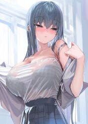 Rule 34 | 1girl, bare shoulders, blue hair, blue skirt, blurry, blurry background, blush, bra visible through clothes, breasts, camisole, cleavage, commentary request, highres, kanzarin, large breasts, long hair, looking to the side, nose blush, open clothes, open shirt, original, plaid, plaid skirt, purple eyes, see-through, see-through camisole, shirt, shirt tucked in, skirt, solo, sweat, white shirt