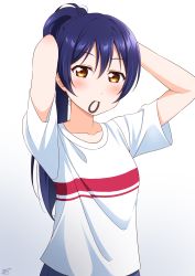 Rule 34 | 1girl, absurdres, arms up, blue hair, blush, closed mouth, collarbone, hair tie, hair tie in mouth, haruharo (haruharo 7315), highres, long hair, looking at viewer, love live!, love live! school idol project, mouth hold, ponytail, shirt, short sleeves, simple background, smile, solo, sonoda umi, swept bangs, tying hair, upper body, white background, white shirt, yellow eyes