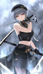 Rule 34 | 1girl, absurdres, bare shoulders, bead bracelet, beads, belt, black belt, black beret, black gloves, black pantyhose, black shirt, black skirt, bracelet, breasts, commentary, cowboy shot, crop top, earrings, gloves, hair ornament, highres, holding, holding sheath, holding sword, holding weapon, jewelry, large breasts, looking at viewer, medium hair, midriff, mismatched irises, mole, mole under mouth, multiple belts, pantyhose, red eyes, sanhua (wuthering waves), scabbard, sheath, shirt, sidelocks, skirt, solo, sword, tacet mark (wuthering waves), turtleneck, turtleneck shirt, twitter username, unsheathed, weapon, white tassel, whyte srsn, wuthering waves