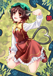 Rule 34 | 1girl, animal ears, brown hair, cat ears, cat girl, cat tail, chen, earrings, fangs, female focus, hat, highres, jewelry, mary janes, multiple tails, paw pose, rakujin, red eyes, shoes, short hair, solo, tail, touhou