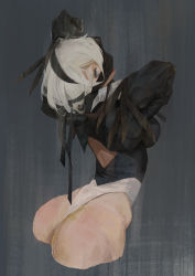 Rule 34 | 1girl, 2b (nier:automata), arched back, arms up, ass, back, back cutout, backless dress, backless outfit, black dress, black gloves, black hairband, black shirt, blindfold, blindfold down, blue eyes, breasts, clothing cutout, commentary, covered mouth, cowboy shot, cropped shirt, curvy, dress, from behind, gloves, hair over one eye, hairband, head tilt, highleg, highleg leotard, huge ass, juliet sleeves, leotard, long sleeves, looking at viewer, looking back, medium breasts, mookeun, nier:automata, nier (series), no pants, one eye covered, parted lips, puffy sleeves, red lips, shiny skin, shirt, short hair, silver hair, skin tight, skindentation, skirt, solo, thong leotard, twisted neck, unworn skirt, vambraces, white leotard, wide hips