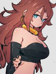 Rule 34 | 1girl, android 21, bare shoulders, blue eyes, breasts, dragon ball, dragon ball fighterz, grey background, kemachiku, long hair, looking at viewer, majin android 21, medium breasts, red hair, simple background, solo
