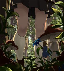 Rule 34 | 2girls, backlighting, bad id, bad pixiv id, bush, dress, fantasy, female focus, flower, forest, from behind, highres, holding, mini person, minigirl, multiple girls, mushroom, nature, original, outdoors, perspective, scenery, shadow, size difference, skirt, tensen (dotted line), tree