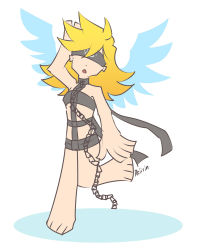 Rule 34 | 1girl, angel, angel (megami tensei), angel (megami tensei) (cosplay), atlus, barefoot, bdsm, blindfold, blonde hair, bondage, bound, chain, cosplay, crossover, feet, long hair, open mouth, panty &amp; stocking with garterbelt, panty (psg), parody, rintha, shin megami tensei, shin megami tensei iii: nocturne, simple background, solo, wings