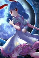 Rule 34 | 1girl, animal ears, bloomers, blue dress, blue hair, cloud, cloudy sky, dress, feet out of frame, full moon, hand up, highres, index finger raised, kayon (touzoku), long hair, looking at viewer, looking back, low twintails, moon, night, night sky, puffy short sleeves, puffy sleeves, rabbit ears, rabbit girl, rabbit tail, red eyes, seiran (touhou), short sleeves, sky, solo, tail, touhou, twintails, underwear, v-shaped eyebrows, white bloomers