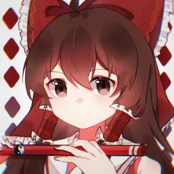 Rule 34 | 1girl, ahoge, bare shoulders, bow, brown eyes, brown hair, commentary, expressionless, frilled bow, frilled hair tubes, frilled shirt collar, frills, hair between eyes, hair bow, hair tubes, hakurei reimu, holding, holding stick, ling shui dreamland, looking at viewer, medium hair, nail polish, noise, portrait, red bow, red nails, red vest, solo, stick, touhou, vest, yin yang