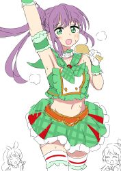 Rule 34 | 3girls, :d, absurdres, aikatsu!, aikatsu! (series), arm up, armpits, blush, breasts, commentary request, cowboy shot, cropped shirt, ereka, gloves, green eyes, green skirt, hair bun, highres, holding, link! like! love live!, long hair, looking at viewer, love live!, medium breasts, midriff, miniskirt, multiple girls, navel, official alternate costume, open mouth, otomune kozue, purple hair, shirt, side ponytail, sidelocks, simple background, single side bun, skirt, smile, solo focus, strapless, strapless shirt, sweat, thighhighs, virtual youtuber, white background, white gloves, white thighhighs, zettai ryouiki