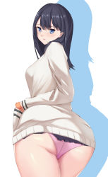 Rule 34 | 10s, 1girl, absurdres, artist request, ass, black hair, blue eyes, blush, breasts, cardigan, gridman universe, hand in pocket, highres, legs, long hair, long sleeves, looking at viewer, looking back, medium breasts, miniskirt, open mouth, panties, parted lips, pink panties, pleated skirt, school uniform, scrunchie, shiny skin, sideboob, skirt, skirt hold, smile, solo, ssss.gridman, standing, sweater, takarada rikka, thick thighs, thighs, toes, underwear, white sweater, wide hips, wrist scrunchie