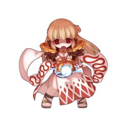 1girl argyle_clothes argyle_dress bangle bio_lab blonde_hair blunt_bangs bracelet breasts brown_footwear celia_alde chibi chibi_only cleavage detached_sleeves dress energy_orb full_body fur_collar jewelry long_hair magic medium_breasts official_art open_mouth ragnarok_online red_eyes sandals side_slit simple_background sleeveless sleeveless_dress solo sorcerer_(ragnarok_online) transparent_background white_dress white_sleeves yuichirou