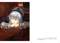 Rule 34 | 1girl, closed eyes, drawing (object), dress, figure, flower, frills, hairband, lamp, long hair, moruga, room, rozen maiden, silver hair, sleeping, solo, suigintou, table, toy