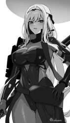 Rule 34 | 1girl, armored bodysuit, blush, bodysuit, breasts, cleavage, covered navel, cuboon, goddess of victory: nikke, greyscale, halo, headgear, holding, holding sword, holding weapon, large breasts, long hair, looking at viewer, monochrome, official alternate costume, scarlet (black shadow) (nikke), scarlet (nikke), see-through, see-through cleavage, solo, sword, twitter username, weapon