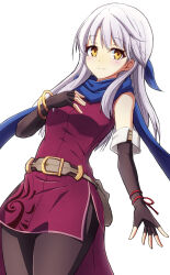 Rule 34 | 1girl, belt, black leggings, blue scarf, blush, bracelet, breasts, commentary request, dot nose, elbow gloves, eyelashes, fingerless gloves, fire emblem, fire emblem: radiant dawn, gloves, highres, jewelry, leggings, long hair, looking at viewer, micaiah (fire emblem), minamonochaba, multiple bracelets, nintendo, scarf, simple background, small breasts, smile, solo, white background, white hair, yellow eyes