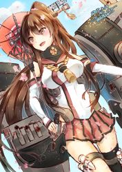 Rule 34 | 10s, 1girl, bad id, bad twitter id, black thighhighs, blush, breasts, brown eyes, brown hair, dated, day, female focus, headgear, kantai collection, large breasts, long hair, miniskirt, open mouth, petals, pleated skirt, ponytail, signature, single thighhigh, skirt, sky, smile, solo, thighhighs, yamato (kancolle), yuihira asu