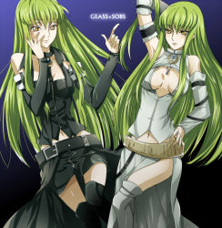 Rule 34 | 2girls, armpits, bad id, bad pixiv id, belt, black legwear, black skirt, boots, breasts, c.c., cleavage, code geass, detached sleeves, green hair, hand on own hip, highres, kokuchi, long hair, multiple girls, navel, open clothes, skirt, thigh boots, thighhighs, white background, yellow eyes