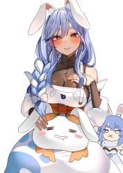 Rule 34 | 2girls, animal ear fluff, animal ears, apron, black bodysuit, blue hair, blush, bodysuit, bow, braid, braided ponytail, breasts, cleavage, detached sleeves, don-chan (usada pekora), hair bow, hand on own chest, highres, hololive, large breasts, long hair, looking at viewer, mature female, mother and daughter, multicolored hair, multiple girls, pekomama, pekomon (usada pekora), rabbit-shaped pupils, rabbit ears, rabbit girl, red eyes, short eyebrows, smile, streaked hair, symbol-shaped pupils, takeno omoti, usada pekora, usada pekora (1st costume), virtual youtuber, white apron, white background, white bow, white hair, white sleeves