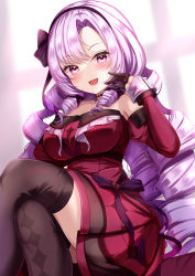 Rule 34 | 1girl, :d, blush, breasts, brown gloves, brown thighhighs, crossed legs, dress, drill hair, feet out of frame, gloves, hairband, hand up, highres, hyakumantenbara salome, hyakumantenbara salome (1st costume), large breasts, long hair, long sleeves, looking at viewer, nijisanji, open mouth, purple eyes, purple hair, red dress, sitting, smile, solo, thighhighs, very long hair, virtual youtuber, yuano